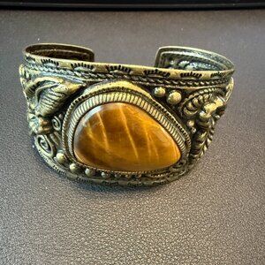 Tiger Eye Embossed Brass Vintage Cuff Bracelet